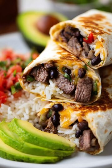 Two Steak Burrito cut in half on a plate, showing the filling of beef, rice, black beans, and cheese, served with sliced avocado and a side of pico de gallo.