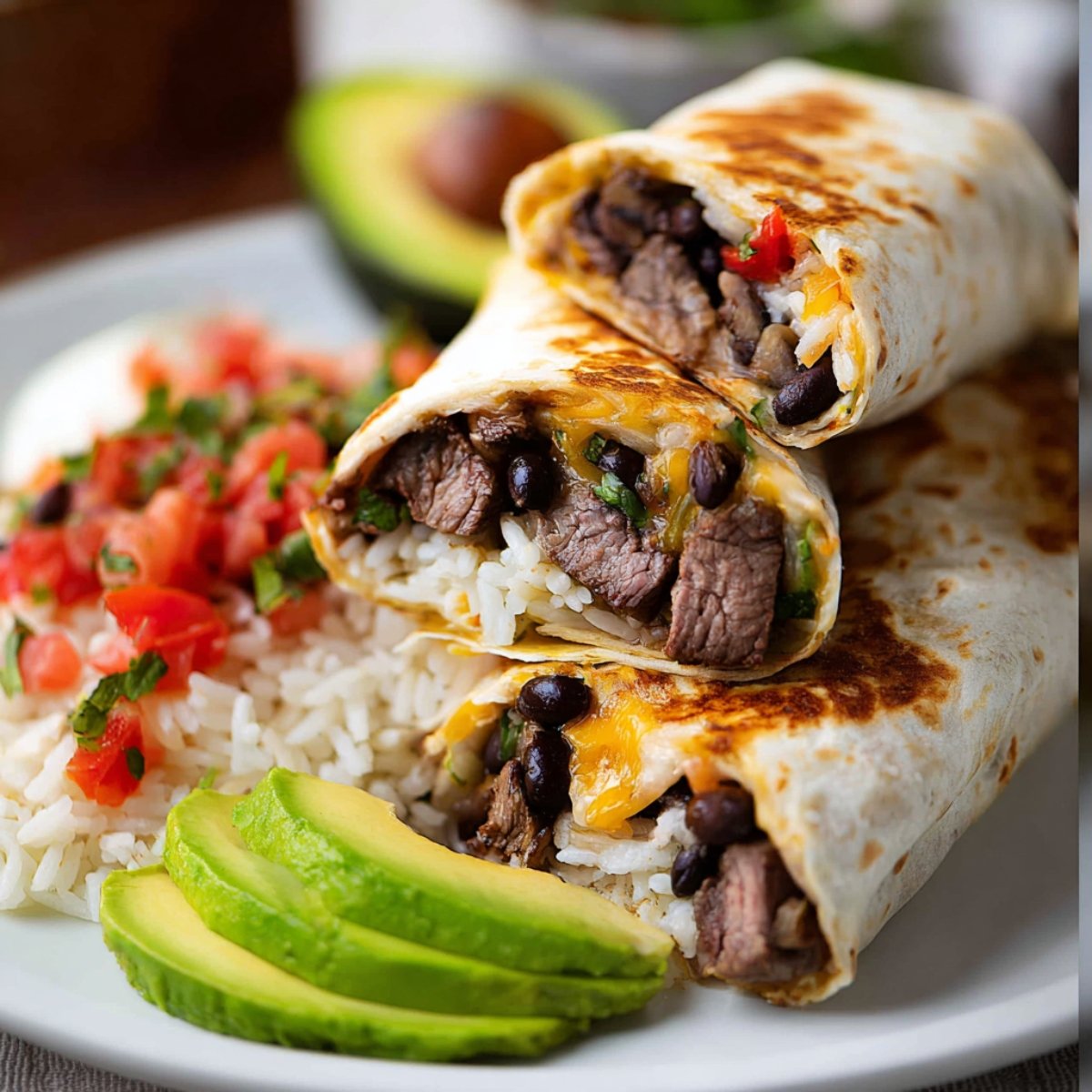 Two Steak Burrito cut in half on a plate, showing the filling of beef, rice, black beans, and cheese, served with sliced avocado and a side of pico de gallo.