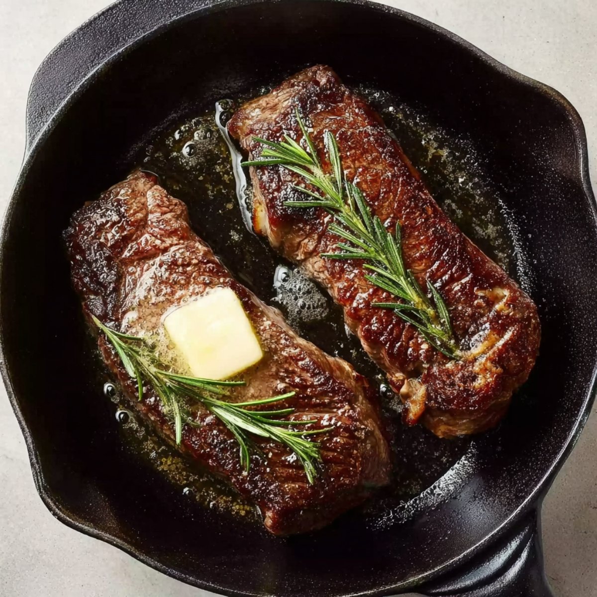 Two seared steaks in a cast-iron skillet with fresh rosemary sprigs and a pat of butter melting on top.