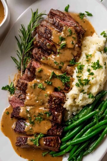 A plated meal of sliced steak topped with garlic cream sauce, served with mashed potatoes and green beans, garnished with parsley.
