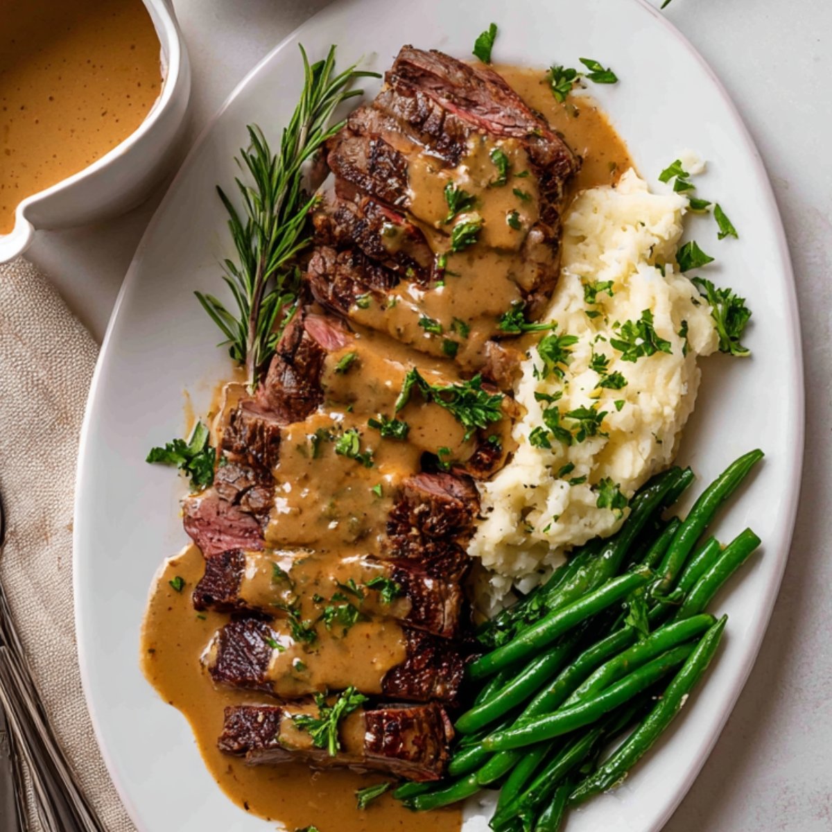 A plated meal of sliced steak topped with garlic cream sauce, served with mashed potatoes and green beans, garnished with parsley.