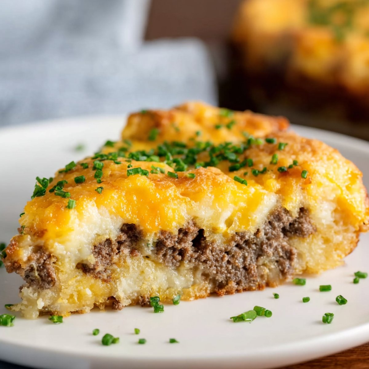 Close-up of a slice of baked tater tot breakfast casserole on a white plate, showing layers of ground beef, eggs, and melted cheddar cheese, garnished with chopped chives.