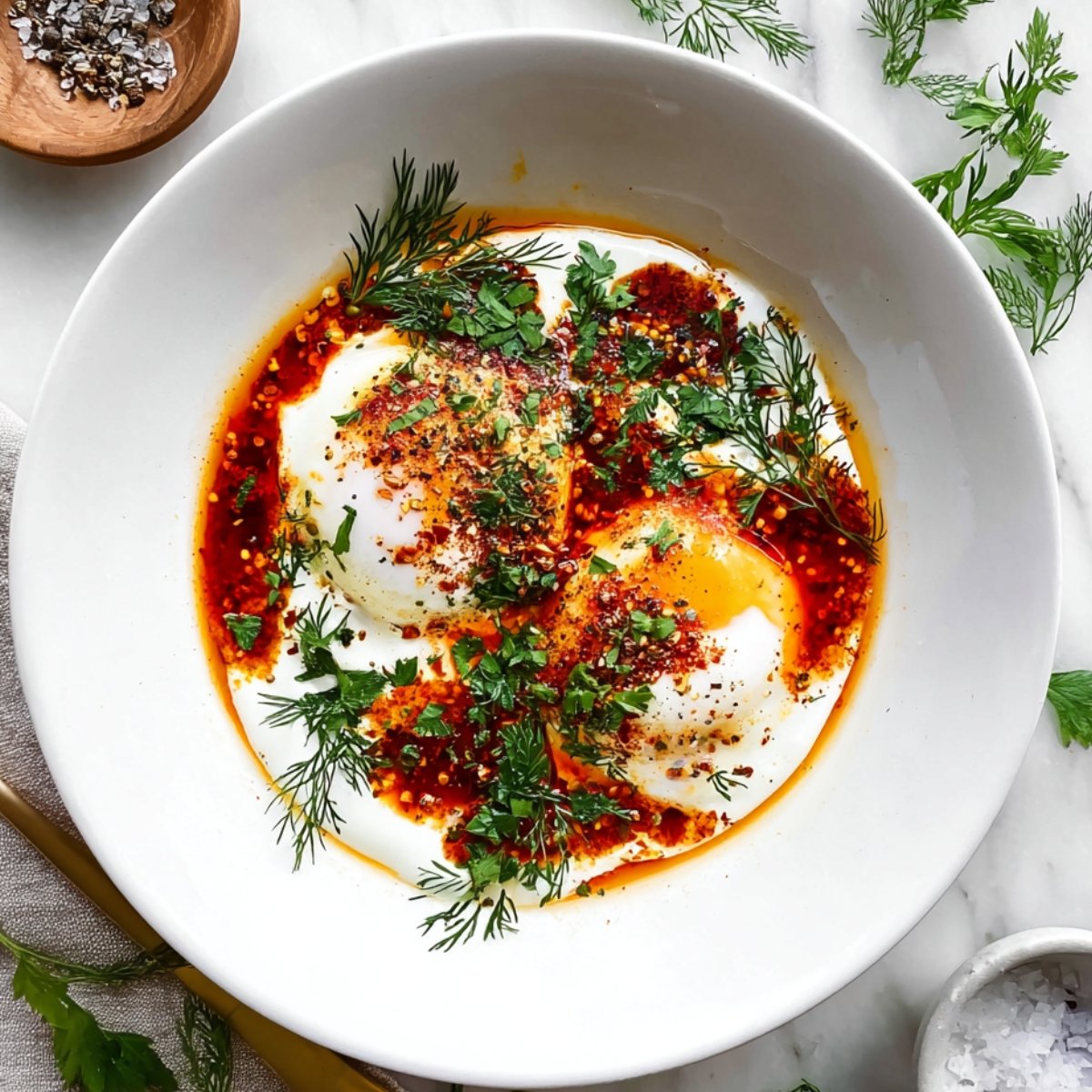 Bowl of Turkish eggs with poached eggs on yogurt, topped with chili oil, fresh herbs, and served with coarse salt on the side.