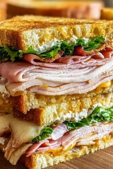 Stacked ultimate club sandwich with layers of turkey, ham, cheese, lettuce, and toasted bread, cut in half and displayed on a wooden surface.