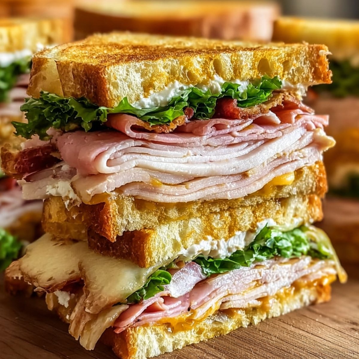 Stacked ultimate club sandwich with layers of turkey, ham, cheese, lettuce, and toasted bread, cut in half and displayed on a wooden surface.