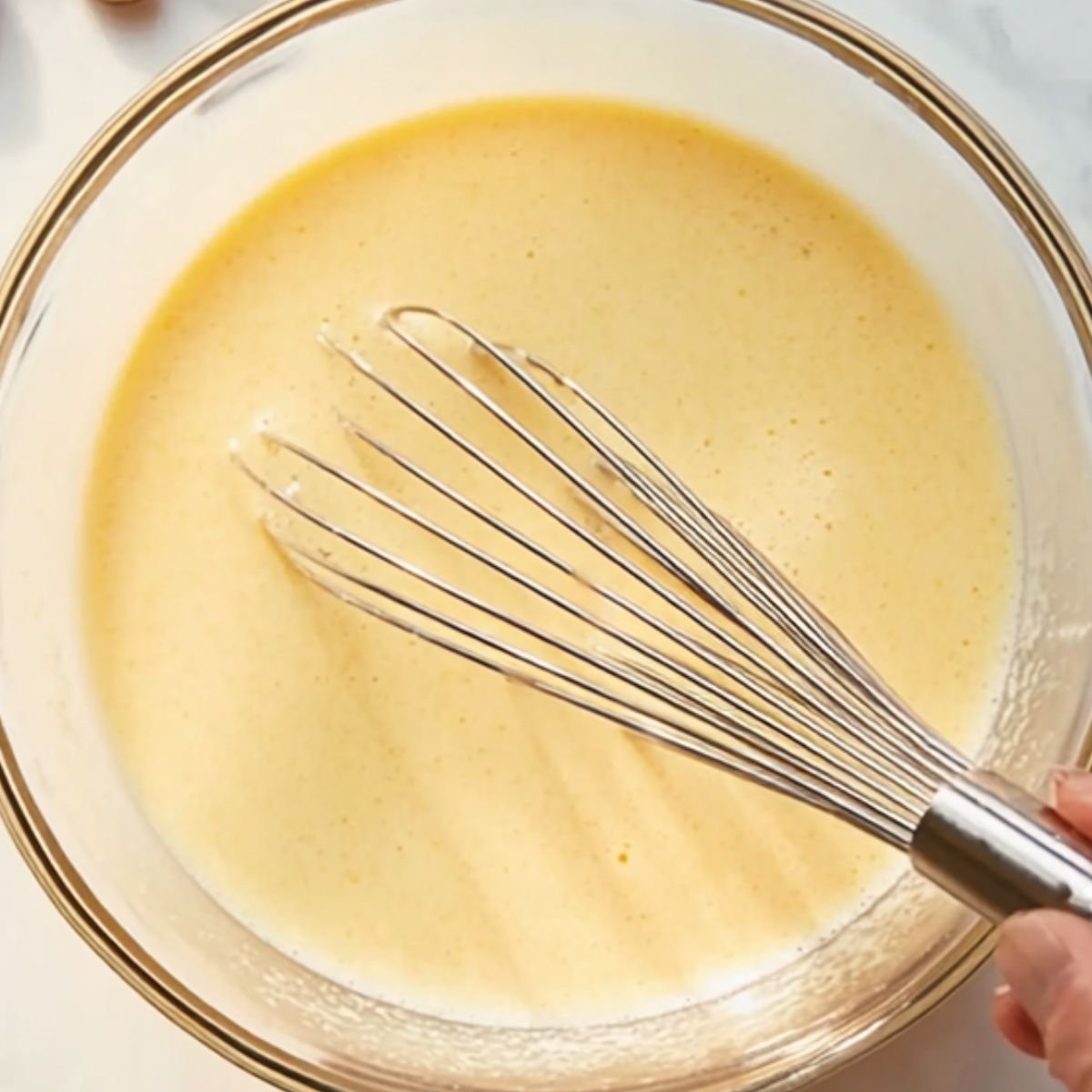 Close-up of a glass bowl containing beaten eggs being whisked, showing a smooth, yellow mixture.