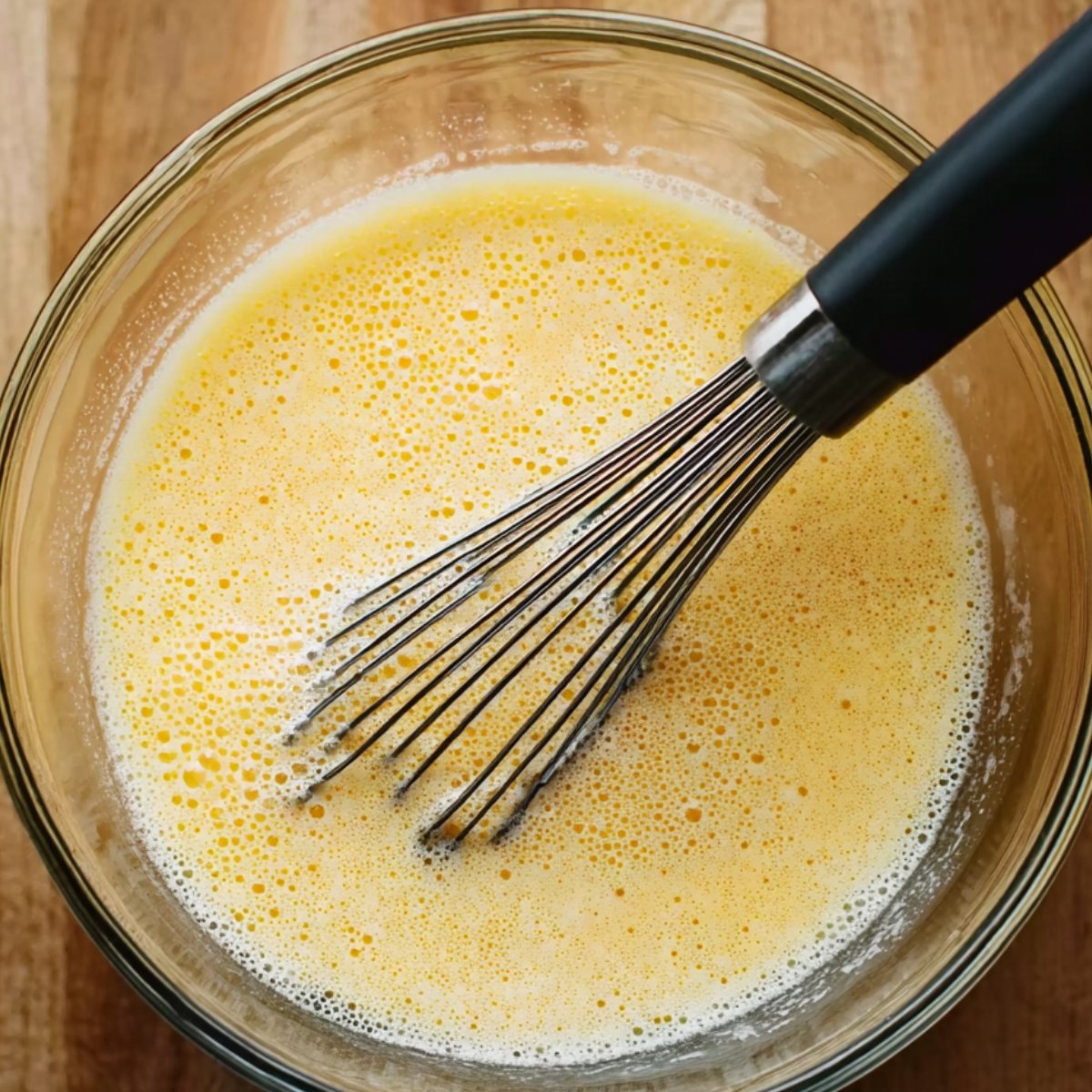 Close-up of a glass bowl containing beaten eggs being whisked, with a smooth, frothy texture.