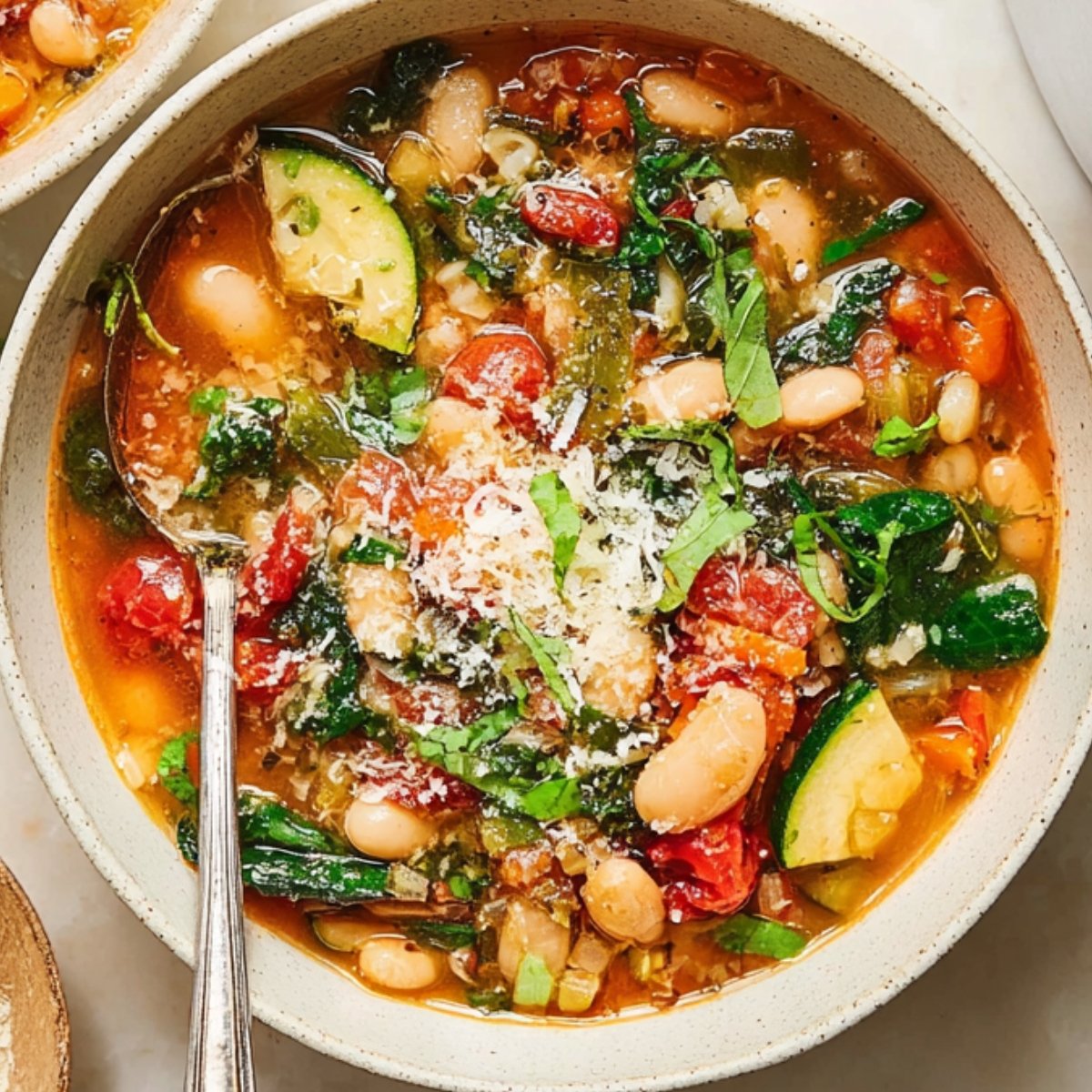A bowl of white bean and kale soup garnished with fresh herbs and Parmesan, with a spoon in the bowl, ready to serve.