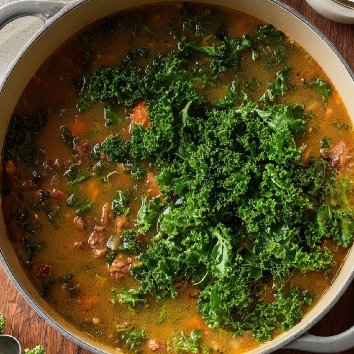 A large pot of Zuppa Toscana soup with a golden broth, chunks of sausage, diced vegetables, and fresh kale floating on top.