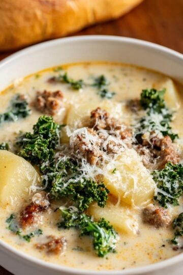 A bowl of creamy Zuppa Toscana soup with sausage, potatoes, kale, and a sprinkle of grated Parmesan, served on a wooden table with bread in the background.