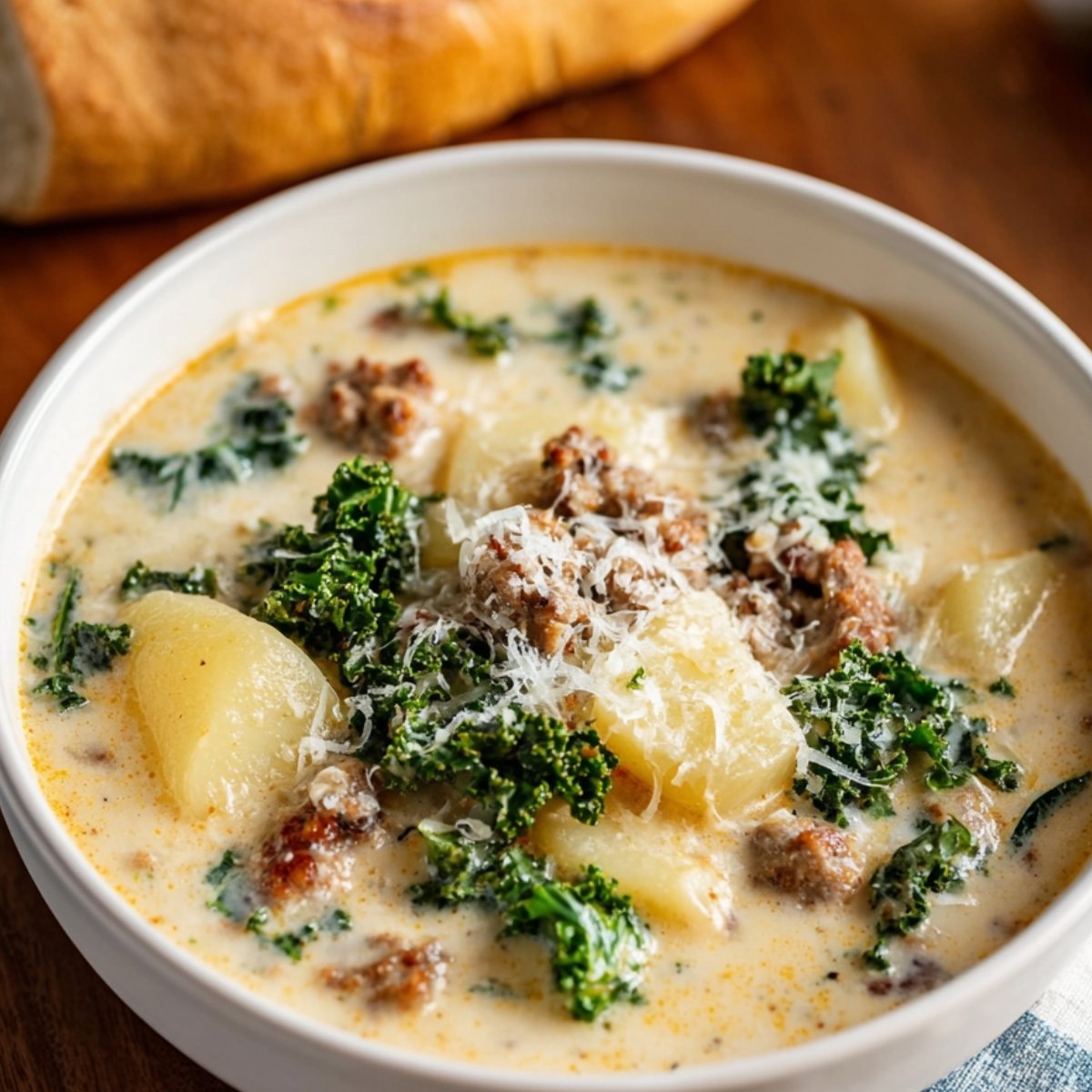 A bowl of creamy Zuppa Toscana soup with sausage, potatoes, kale, and a sprinkle of grated Parmesan, served on a wooden table with bread in the background.